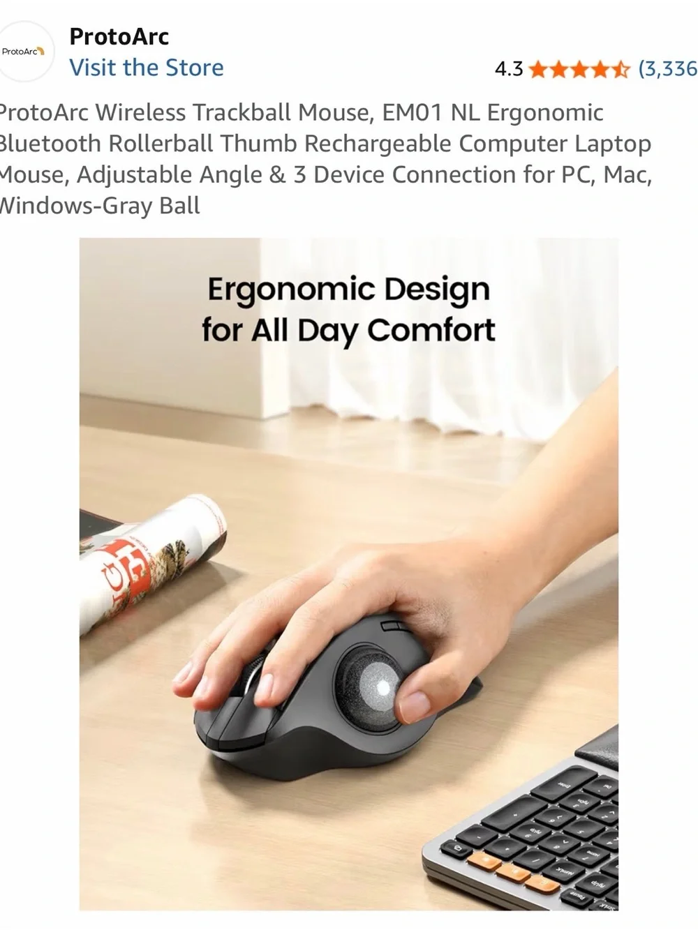 EM01 NL ProtoArc Gray Ergonomic Wireless Trackball Mouse